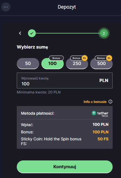 Depozyt w krypto - przykład wpłaty USDT i podgląd bonusu